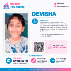 Vedisha 13 ans, souffre d'une subluxation de la hanche droite avec hémiparésie.